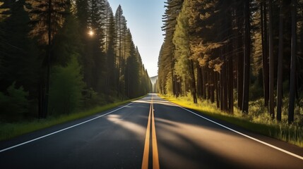 A scenic road lined with tall, slender trees, leading into the distance. The smooth, dark asphalt...