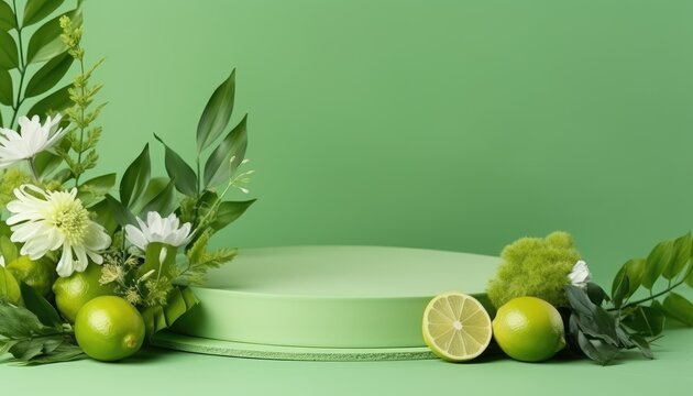 green lime podium with flower and lemon as decoration,green background  ,for  spa product presentation 