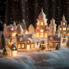 Cute Christmas small town with snowy houses, Christmas Holidays, Christmas Card