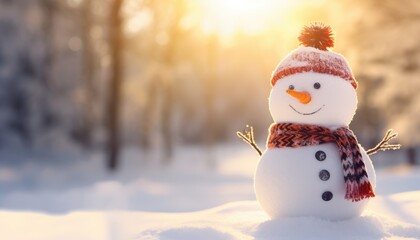 Obraz premium double exposure Festive Snowman with Hat and Scarf in Sunny Snowscape 