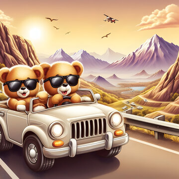 Teddybears chiil at vication on Car