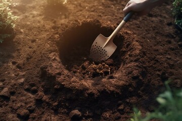 Person digging hole in yard with shovel, gardening concept. Generative AI