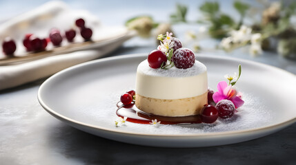 Vanilla cake with cranberries on the white plate.