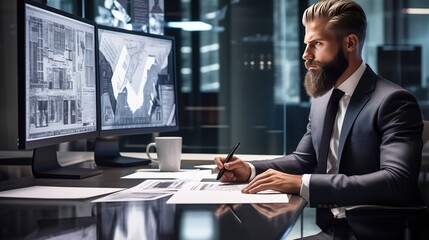 Focused engineer in a modern office, analyzing code and schematics on sleek glass desk. Dressed in tailored suit and tie, surrounded by computer monitors, blueprints, and precision tools