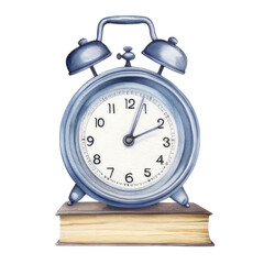 Watercolor illustration of classic alarm clock, getting up to work or school, rhythm of life, schedule, mode, isolated on white.