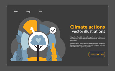 SDG or sustainable development goal night mode or dark mode web banner or landing page. Global actions in environment protection, climate and nature preservation. Flat vector illustration - obrazy, fototapety, plakaty