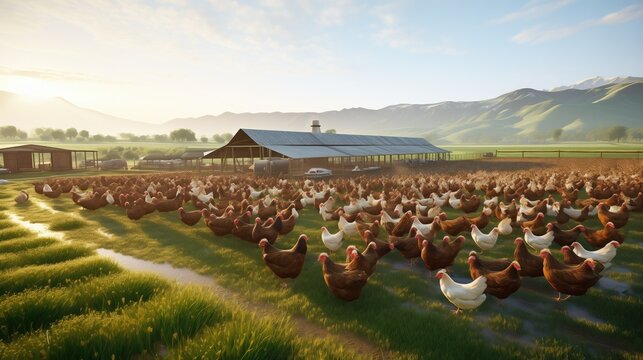 Spacious free-range chicken farm with bustling activity, farmers tending to glistening feathers and collecting freshly laid eggs in large, weathered wood coops. Organic and sustainable