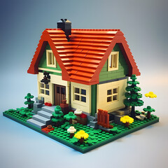 Charming Lego House Design with Red Roof, Green Upper Floor and Cream Ground Floor Surrounded by a Garden - obrazy, fototapety, plakaty