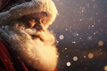 Generative AI illustration of smiling Santa Claus with a full white beard with snowflakes gently falling in the background against a dark night sky