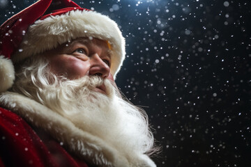 Generative AI illustration from below of happy Santa Claus with a full white beard and twinkling eyes smiles warmly, with snowflakes gently falling in the background against a dark night sky