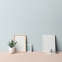 minimal mockup with blank frames and plants on pastel blue pastel background. 3D rendering, 3D illustration minimal mockup with blank frames and plants on pastel blue pastel background. 3D rendering, 