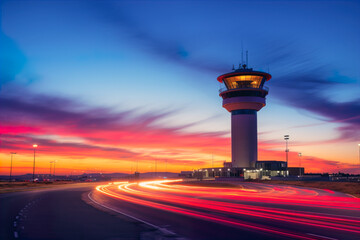 Generative AI illustration of Dramatic sunset at an airport with a control tower silhouette and vibrant light trails on the runway