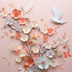 Paper art branch with flowers and birds on a pink background