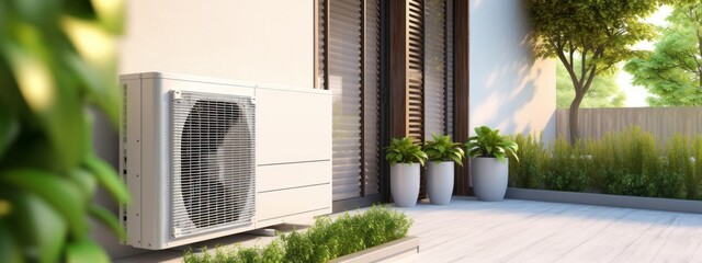 Air source heat pump installed in residential building. combi system, air conditioner - obrazy, fototapety, plakaty