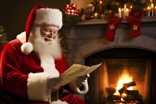 Generative AI illustration of Santa Claus in his traditional red attire sits by a cozy fireplace, reading a list, with Christmas decorations, lit candles, and wrapped gifts adorning the mantle above