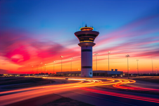 Generative AI illustration of Dramatic sunset at an airport with a control tower silhouette and vibrant light trails on the runway