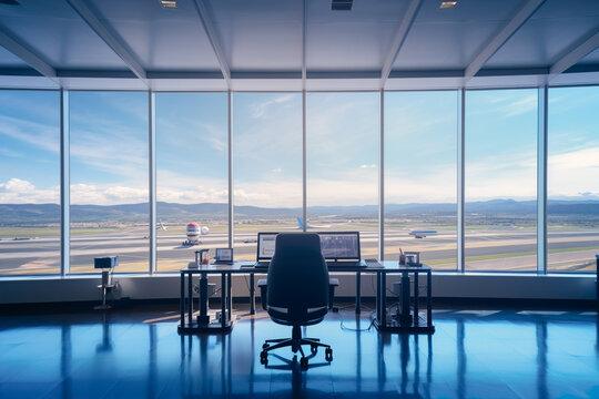 Fototapeta Generative AI illustration of Panoramic glass window view of a modern airport control room overlooking the runways with computers and chairs