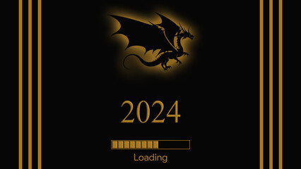 2024 year of the dragon, 3D rendering, black and gold