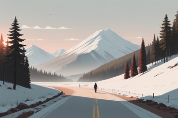 winter forest landscape with snow and mountains winter forest landscape with snow and mountains road in the mountains. vector illustration.