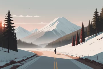 Poster winter forest landscape with snow and mountains winter forest landscape with snow and mountains road in the mountains. vector illustration. © Shubham