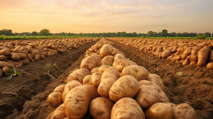 Harvested potatoes on the field. - obrazy, fototapety, plakaty
