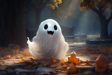 Cute funny happy fantasy smiling animated ghosts. disembodied and otherworldly beings, fear, world of living and dead, legends and mysteries, remnants of departed souls, pumpkin autumn. - obrazy, fototapety, plakaty