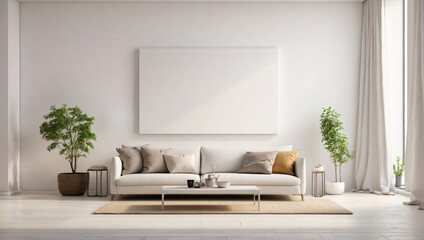 Bellissima soggiorno con divano con colori naturali ed eleganti e cornice vuota sul muro
