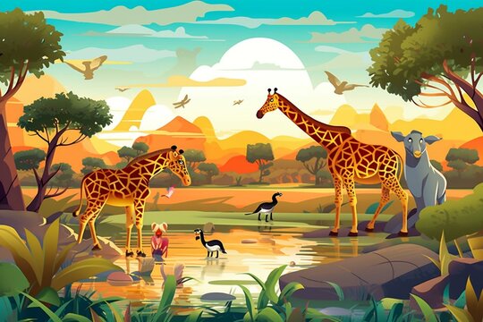Illustration of a cartoon scene with cheetah, hippopotamus, and giraffes near a river and meadow. Generative AI