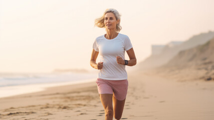 fit and happy middle aged woman running on the beach - 40s or 50s attractive mature lady with grey hair doing jogging workout enjoying fitness and healthy lifestyle at beautiful sea landscape