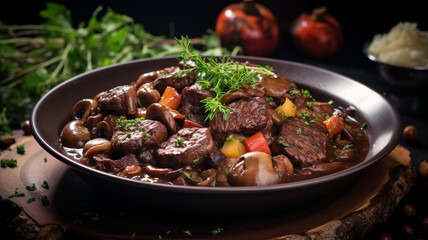 beef stew with mushrooms, red onion, thyme and herbs