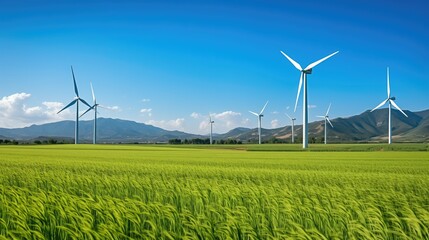 A scenic rural landscape with a green field, wind turbines, and a clear blue sky. The hyper-realistic image depicts renewable energy and sustainable development.