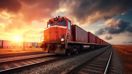 container with cargo freight train - obrazy, fototapety, plakaty