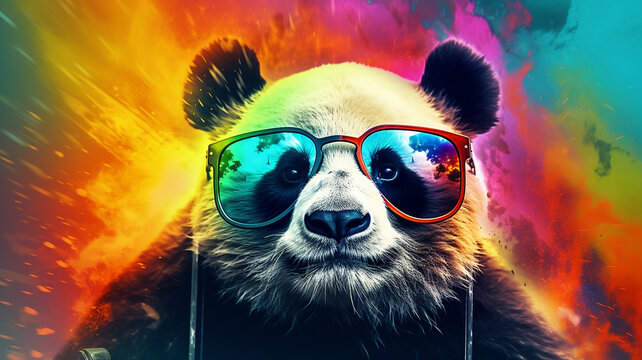 funny panda in sunglasses with paints