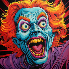 a crazy and scary carnival clown with big eyes in a colorful illustration