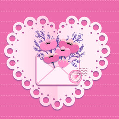 Happy Valentine's day card poster or voucher. Beautiful paper cut  with white heart frame on pink background. Vector illustration. Papercut style. Place for text