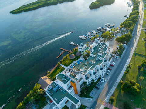 Aerial view of the beautiful coastline of Cancun, Mexico. Hotel zone. Sunset. Panorama. CANCUN, MEXICO - SEPTEMBER 18, 2022.