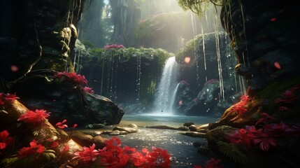 A cascading waterfall framed by the radiant beauty of a Radiant Rafflesia in full bloom.