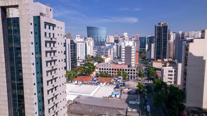 Aerial view of Avenida Brigadeiro Faria Lima, Itaim Bibi. Iconic commercial buildings in the background. With mirrored glass