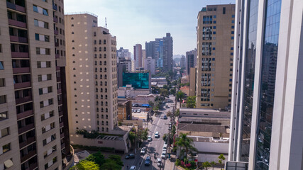 Aerial view of Avenida Brigadeiro Faria Lima, Itaim Bibi. Iconic commercial buildings in the background. With mirrored glass