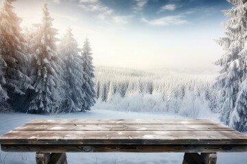 Snow-covered wooden table with a wintry landscape and trees in the background. Generative AI