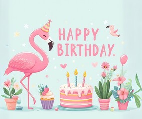Flamingo themed birthday card, happy and joyous mood, 3 years old party