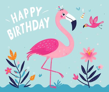 Flamingo themed birthday card, happy and joyous mood