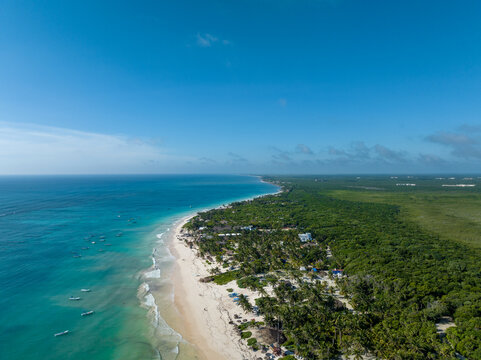 Beautiful tropical beach with palm trees. Clear turquoise sea water.