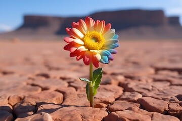 Eine Blume in Regenbogenfarben steht in der Wüste - obrazy, fototapety, plakaty