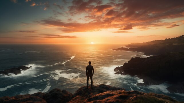 A person stands alone on a cliff, gazing at the vast ocean. The dramatic landscape and serene horizon evoke contemplation and longing. The image captures the beauty and power of nature