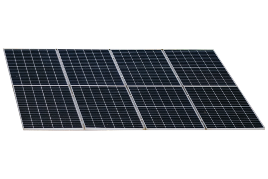 Solar Panels and Renewable Energy as part of the house construction. Solar panels on a roof isolated mock-up close-up. Photovoltaic system close-up. Transparent background.