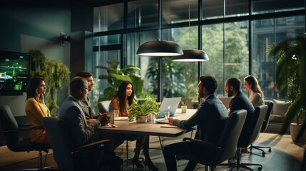A diverse group of business colleagues engaged in a lively discussion during a team meeting in a modern conference room