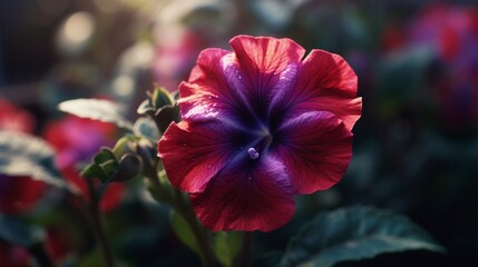 A Velvet Petunia captured in the soft, diffused light of a greenhouse, emphasizing its rich, velvety texture and deep, inviting colors.