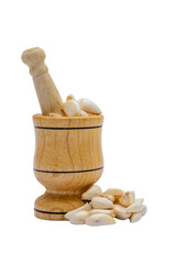 Garlic press with garlic grains on white isolated background vertical shot