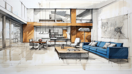 Architectural livingroom sketch, interior project concept art - obrazy, fototapety, plakaty
